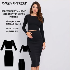 Molde de costura para saia midi justa, saia elástica, top curto com decote canoa, vestido casual, saia lápis, conjunto feminino, A0, A4-Carta EUA, EUA; 2 a 30, PP-4GG