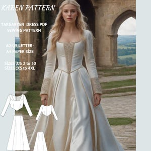 Puede incluir: Un patrón de costura para un vestido blanco con ribetes dorados. El patrón incluye las tallas de la UE 34 a 52 y XS a 4XL. El patrón está disponible en los tamaños de papel A0-US letter y A4.