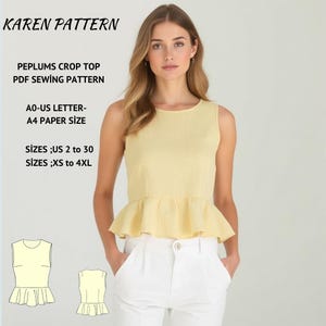 May include: A PDF sewing pattern for a peplum crop top. The pattern includes sizes UK 6 to 24 and XS to 4XL. The pattern is available in A4 and AO paper sizes.