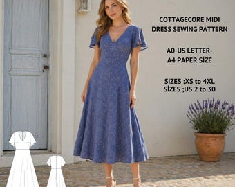 Cottagecore Midi Dress Sewing Pattern, Half Circle Skirt, V Neck Summer (PDF Download)