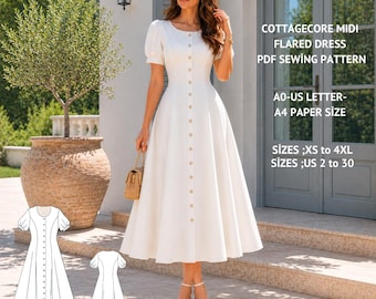 Cottagecore Midi Dress Sewing Pattern, Puff Sleeve Linen PDF, Vintage Inspired Summer Dress (XS-4XL)
