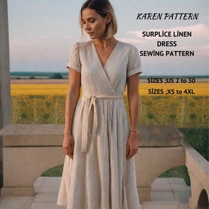 Patrón de costura para vestido de sobrepelliz de lino, patrón de costura para tallas grandes (tallas de mujer de EE. UU. 2 a 30, XS a 4XL, tamaño de papel carta A4 a A0)
