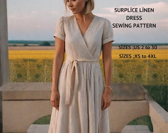 Linen Surplice Dress Sewing Pattern,Plus size sewing pattern-Ladies size US 2 to 30//XS to 4xl///Letter-A4-A0 form paper sizes