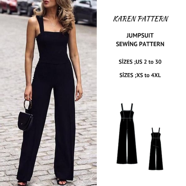 Palazzo Full Jumpsuit Sewing Pattern, PDF Sewing Pattern Instant Download, Easy Digital Pdf, US Sizes 2