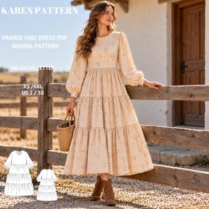 Op de afbeelding: Een beige midi-jurk met een klein bloemenpatroon, lange pofmouwen en een rok met drie lagen. De tekst op de afbeelding luidt: KAREN PATTERN, PRAIRIE MIDI DRESS PDF SEWING PATTERN, A0/A4/US LETTER, XS/4XL, US 2/30. Inclusief een lijntekening.