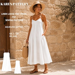 May include: A white linen midi dress with thin straps and a loose silhouette. The image includes text: KAREN PATTERN, LINEN LOOSE MIDI DRESS, PDF SEWING PATTERN, AO/A4/US LETTER, US 2 / 30, XS / 4XL. A straw bag and a wide-brimmed hat are also visible.