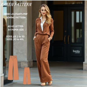Wide Leg Pleated High Waist Sewing Pattern, Trousers Sewing Pattern,US sizes 2 - 30 pattern,sewing pattern with tutorial