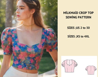 Milkmaid Crop Top Sewing Pattern, Short Sleeve Cottagecore Crop Top, Puff Sleeve Top, Fitted Crop Top Pattern, Crop Blouse Top, XS-4XL