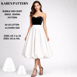 Op de afbeelding: Een vrouw draagt een zwarte fluwelen top en een witte bubble midi rok. De afbeelding bevat de tekst "KAREN PATTERN" en "BUBBLE MIDI SKIRT DRESS SEWING PATTERN." Het patroon is verkrijgbaar in maten US 2 tot 30 en XS tot 4XL.