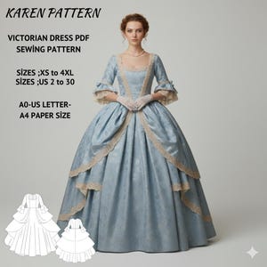 Puede incluir: Un vestido victoriano azul claro con falda amplia y ribete de encaje. El vestido tiene mangas largas con puños con volantes y lo lleva una persona con guantes blancos. El texto "KAREN PATTERN" y "VICTORIAN DRESS PDF SEWING PATTERN". Tallas XS a 4XL y US 2 a 30.