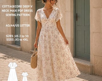 Cottagecore Floral Maxi Dress Sewing Pattern, Boho V Neck Flutter Sleeve(PDF Download)