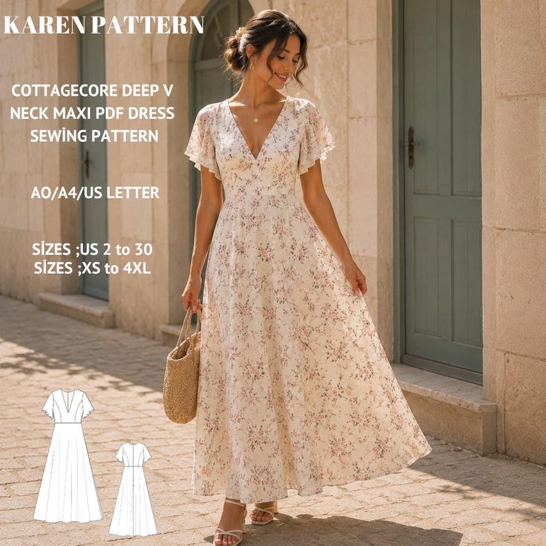 May include: A cream-colored maxi dress with a floral pattern, deep V-neckline, and flutter sleeves. Text reads: KAREN PATTERN, COTTAGECORE DEEP V NECK MAXI PDF DRESS SEWING PATTERN, A0/A4/US LETTER, SIZES US 2 to 30, SIZES XS to 4XL. Includes line art.