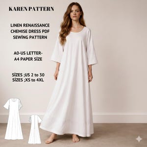 Peut inclure: Une femme porte une robe chemise en lin blanc. La robe a une encolure ronde et des manches larges. Le texte de l'image indique : "KAREN PATTERN, LINEN RENAISSANCE, CHEMİSE DRESS PDF SEWING PATTERN, A0-US LETTER-A4 PAPER SIZE, SIZES; US 2 to 30, SIZES; XS to 4XL."