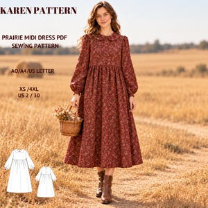以下が含まれることがあります： 小さな花柄、長袖、丸襟の茶色のミディ丈ドレス。KAREN PATTERN、PRAIRIE MIDI DRESS PDF SEWING PATTERN、A0/A4/US LETTER、XS/4XL US 2/30というテキストが表示されています。ドレスの型紙の線画が含まれています。