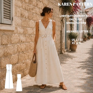 May include: A beige sleeveless linen maxi dress with a V-neckline, a button-front closure, and a matching fabric belt with a buckle. The text KAREN PATTERN LINEN BUTTON FRONT MAXI DRESS PDF SEWING PATTERN A0/A4/US LETTER US 2/30 XS/4XL is visible.
