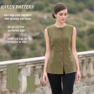 Vintage Damen Weste Schnittmuster: Rundhals, Low Hig (PDF-Muster)