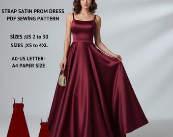May include: A burgundy satin prom dress with a square neckline and spaghetti straps. The dress has a fitted bodice and a flowing A-line skirt. The image also includes the text "KAREN PATTERN", "STRAP SATIN PROM DRESS PDF SEWING PATTERN", and size information.