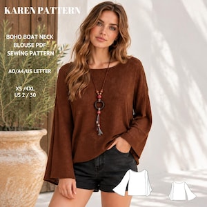 Może przedstawiać: Brązowa bluzka z długim rękawem, dekoltem w łódkę i rozszerzanymi rękawami. Tekst na obrazku: KAREN PATTERN, BOHO BOAT NECK BLOUSE PDF SEWING PATTERN, AO/A4/US LETTER, XS / 4XL, US 2 / 30. Zawiera biały rysunek techniczny projektu bluzki.