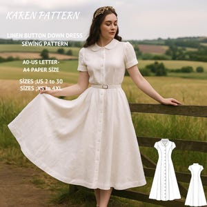 Button Linen Down Dress Sewing Pattern,Linen Midi Dress Sewing Pattern,Button Front Dress,Million Button Dress, XS-4XL