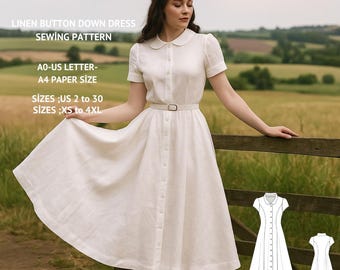 Linen Button-Front Midi Dress Sewing Pattern (XS-4XL)(Digital Download)