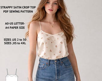 Floral Satin Crop Top Sewing Pattern, Strappy Camisole PDF (Instant Download)