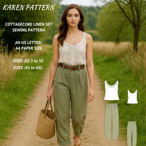 Linen Peg Leg Pants and Blouse Sewing Pattern:Women&#39;s Cottagecore Set (PDF Pattern, XS-4XL)