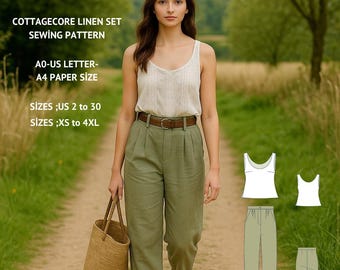 Linen Peg Leg Pants and Blouse Sewing Pattern:Women's Cottagecore Set (PDF Pattern, XS-4XL)