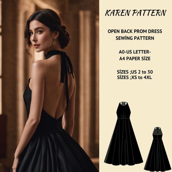Open Back Halter Prom Dress Sewing Pattern(US 2-30, XS-4XL) (Digital Download)