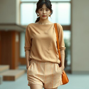 May include: A woman wearing a light brown, long-sleeved shirt with a boat neck and a pair of orange and white checkered shorts. She is carrying a brown leather shoulder bag.