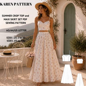 May include: A two-piece set consisting of a white crop top and a matching maxi skirt, both featuring a delicate pink and green floral pattern. The set includes a sweetheart neckline top and a long, flowing skirt, presented as a sewing pattern.