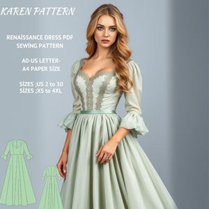 Patrón de costura para vestido medieval renacentista, hada, regencia, vestido de elfo, vestido elegante, tamaño A0, A4, carta de EE. UU., talla 2 a 30 de EE. UU.