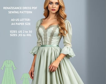 Renaissance Dress Sewing Pattern:Medieval Fairy Regency Elf (A0 A4 US Letter) (PDF Pattern)