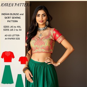 May include: A sewing pattern for an Indian blouse and skirt. The pattern includes sizes XS to 4XL and UK sizes 2 to 30. The pattern is printed on A4 paper and is suitable for letter-sized envelopes.