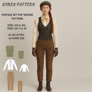May include: A vintage sewing pattern set with the text "KAREN PATTERN" and "VINTAGE SET PDF SEWING PATTERN". The image shows a woman wearing a vest, pants, and a hat. The pattern includes sizes XS to 4XL and US sizes 2 to 30.