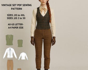 Edwardian Cottagecore Vest, Pants & Blouse Sewing Pattern (US 2-30)