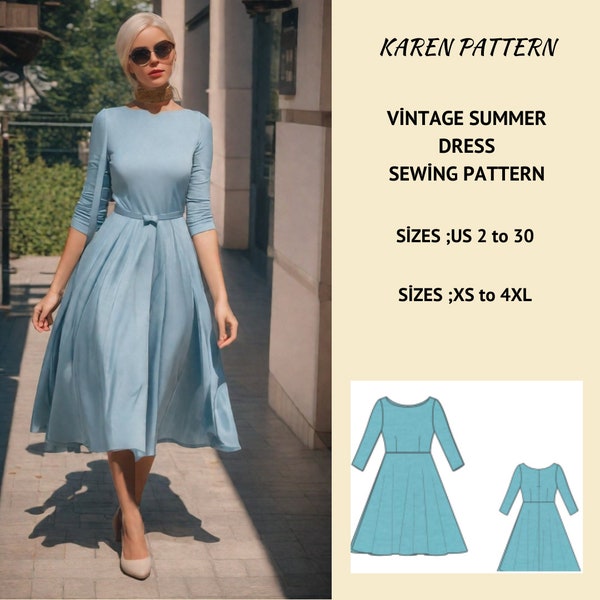 1950's Vintage Dress Sewing Pattern,Vintage summer Dress Women Pattern,Summer Dress Pattern ,XS-4XL