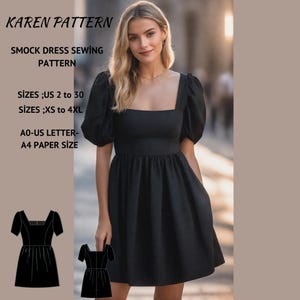 Smock Dress Sewing Pattern for Women PDF | XS-4XL | Babydoll Dress Pattern | Women Sewing Pattern | Digital Sewing Pattern, Short Dress pdf