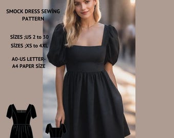 Smock Babydoll Dress Sewing Pattern for Women(PDF) XS-4XL