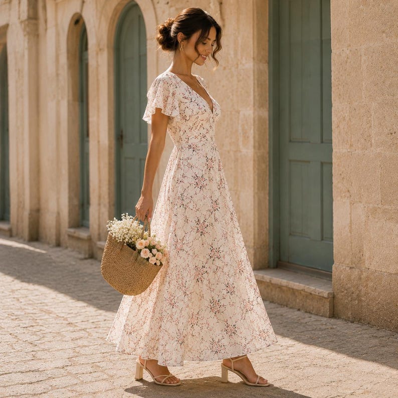 May include: A floor-length cream-colored dress with a delicate floral pattern, featuring short flutter sleeves, a V-neckline, and a flowing skirt. The dress is paired with a woven straw handbag filled with white flowers and light-colored sandals.
