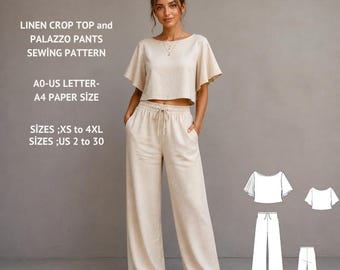 Op de afbeelding: Een beige linnen crop top en palazzo broek naaipatroon. De top heeft korte, uitlopende mouwen en de broek heeft een taille met trekkoord. Het patroon bevat maten XS tot 4XL en US maten 2 tot 30. De tekst "KAREN PATTERN" staat bovenaan.