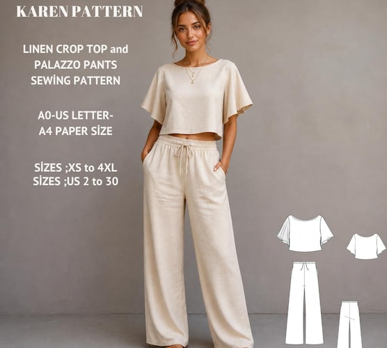 Linen Lounge Set PDF Pattern — Cropped Top & Palazzo Pants Sewing Pattern