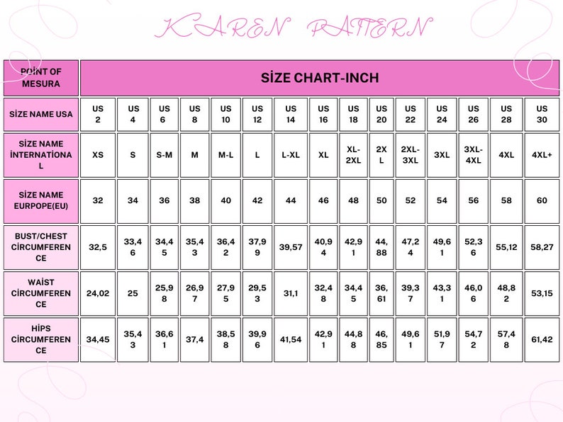 May include: Size chart in inches for women's clothing. The chart shows US sizes 2-30, international sizes XS-4XL+, and European sizes 32-60. Measurements are provided for bust/chest, waist, and hips.