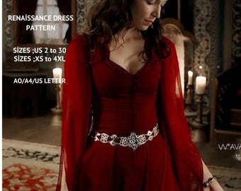 Renaissance Dress Sewing Pattern:Medieval Cosplay, Elvish Gown (A4, A0, US Letter) (PDF Pattern)