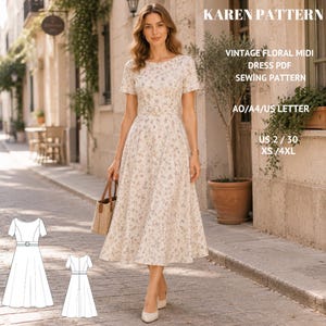 Pode incluir: Um vestido midi com padrão floral, mangas curtas, decote redondo e cinto a condizer. O texto diz: KAREN PATTERN, VINTAGE FLORAL MIDI DRESS PDF SEWING PATTERN, AO/A4/US LETTER, US 2 / 30, XS / 4XL. Inclui dois desenhos de linha a preto e branco.
