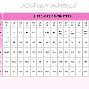 May include: A pink and white size chart titled KAREN PATTERN. The table displays measurements in centimeters for US sizes 2 through 30, international sizes XS through 4XL+, and European sizes 32 through 60, including bust, waist, and hip circumferences.