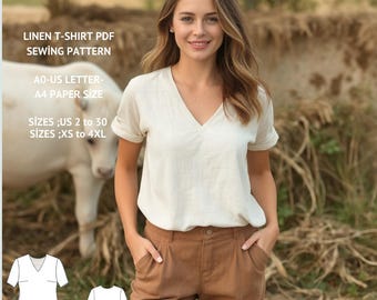 Linen Blouse Sewing Pattern,Vintage Blouse,Short Sleeve Blouse Top,V neck linen blouse,Easy blouse Sewing Pattern, XS-4XL