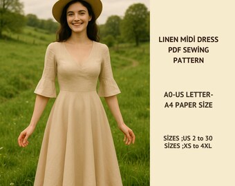 Könnte beinhalten: Ein PDF-Schnittmuster für ein Leinen-Midi-Kleid. Das Schnittmuster umfasst die Größen 34 bis 52 und XS bis 4XL. Das Schnittmuster ist in den Formaten A0, A4 und US Letter erhältlich.