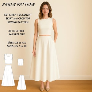 Mönster för linnekjol och crop top: Minimalistisk outfit för kvinnor (XS-4XL) (PDF-mönster)
