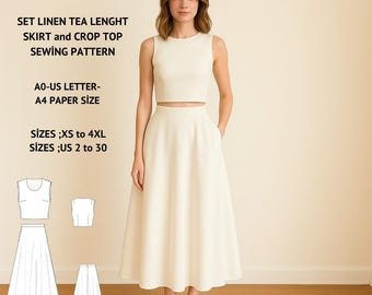 Mönster för linnekjol och crop top: Minimalistisk outfit för kvinnor (XS-4XL) (PDF-mönster)