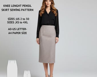 Könnte beinhalten: Eine Frau trägt ein schwarzes Hemd und einen knielangen Bleistiftrock mit Karomuster. Das Bild enthält den Text "KAREN PATTERN" und "KNEE LENGHT PENSIL SKIRT SEWING PATTERN". Die Schnittmustergrößen sind US 2 bis 30 und XS bis 4XL.